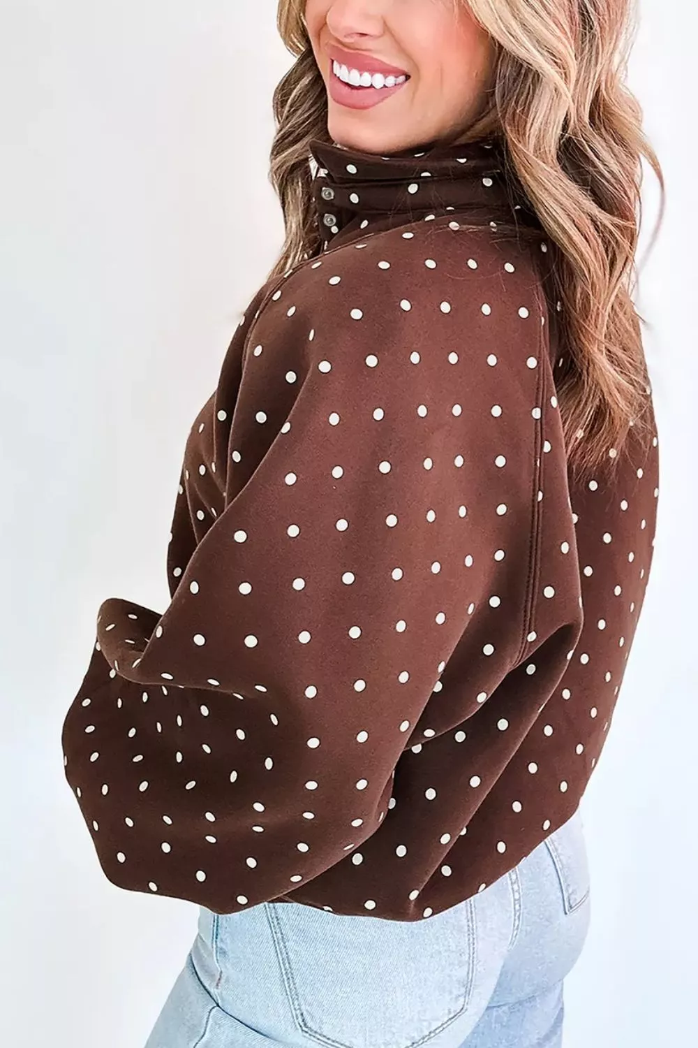 Polka Dot Print Metal Button Collar Casual Pullover Sweatshirt, image 5