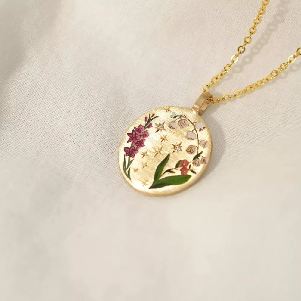 Titanium Steel Painted Oil Dripping Floral Oval Tarot Necklace, image 5