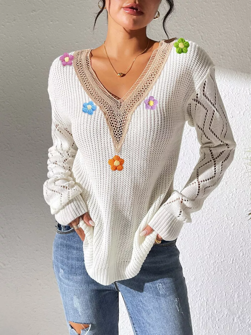 Floral Applique V-Neck Openwork Sweater, image 2