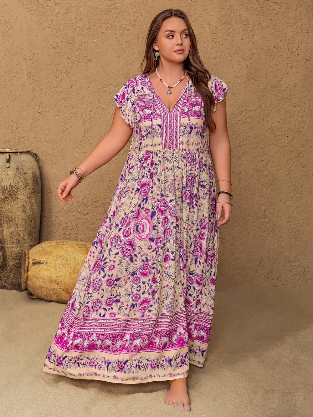 Plus Size Printed V-Neck Cap Sleeve Maxi Dress, image 3