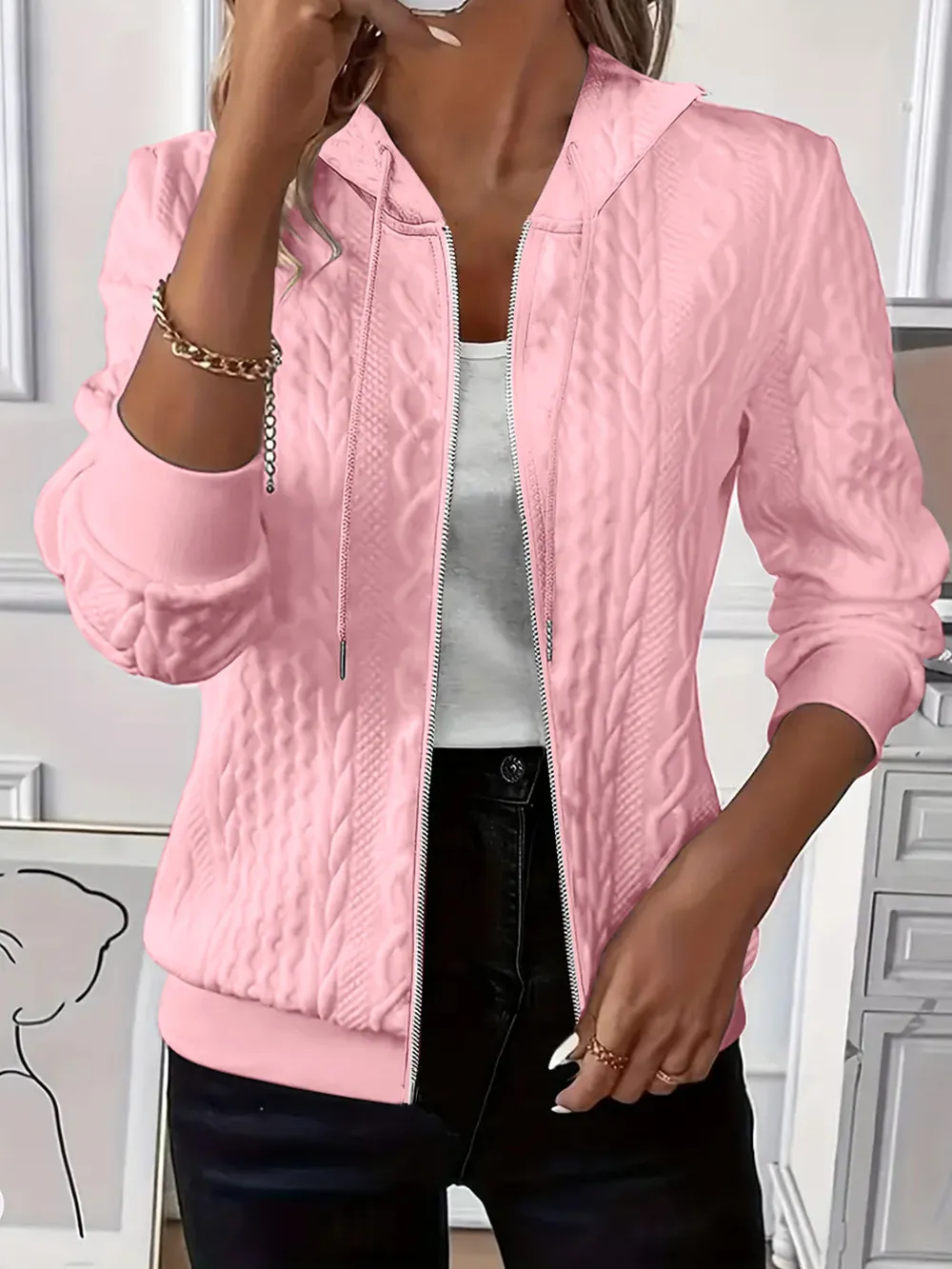 Drawstring Zip Up Hooded Jacket, image 8
