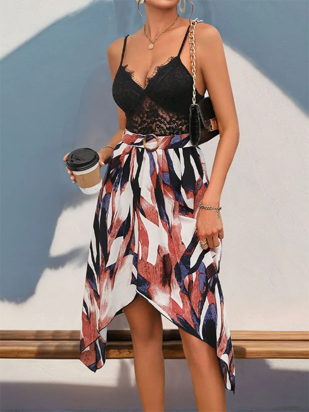 Lace Patchwork Printed V-Neck Dress, image 4