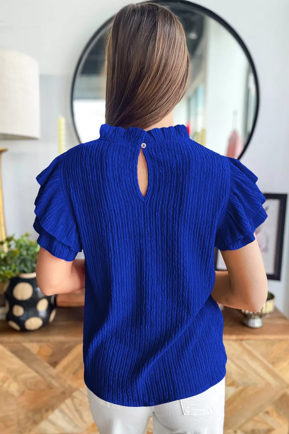 Solid Color Textured Ruffle Trim Short Sleeve Blouse, image 2