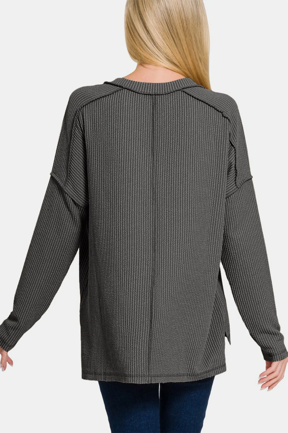 Texture Exposed Seam V-Neck Long Sleeve T-Shirt, image 2