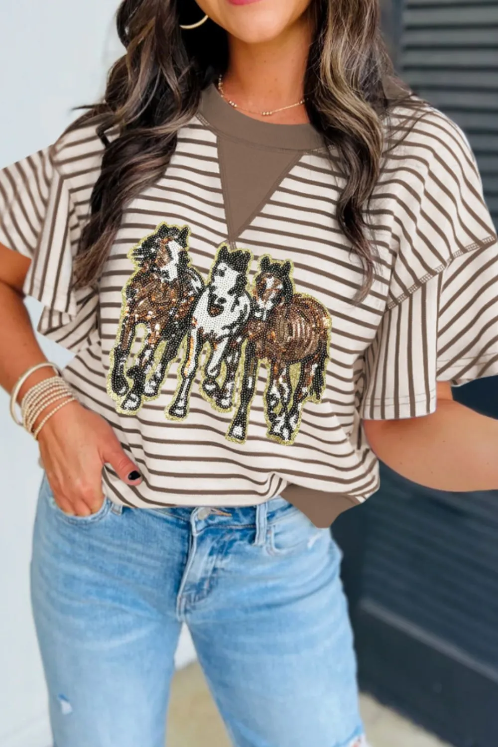 Sequin Striped Round Neck T-Shirt, image 3