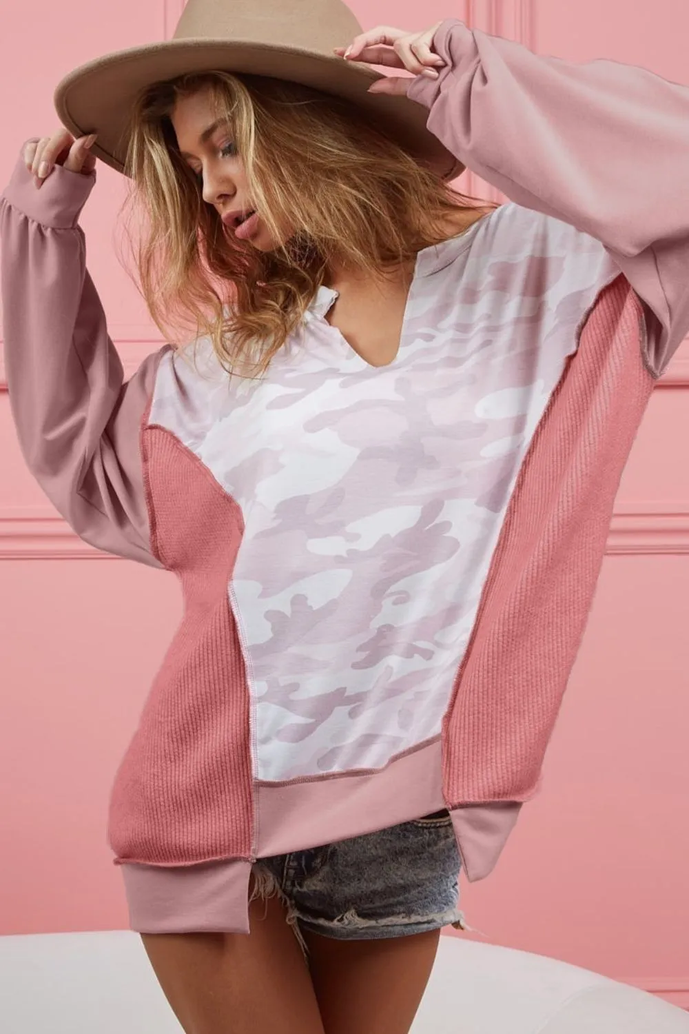 Camo Printed French Terry Knit Color Block Top
