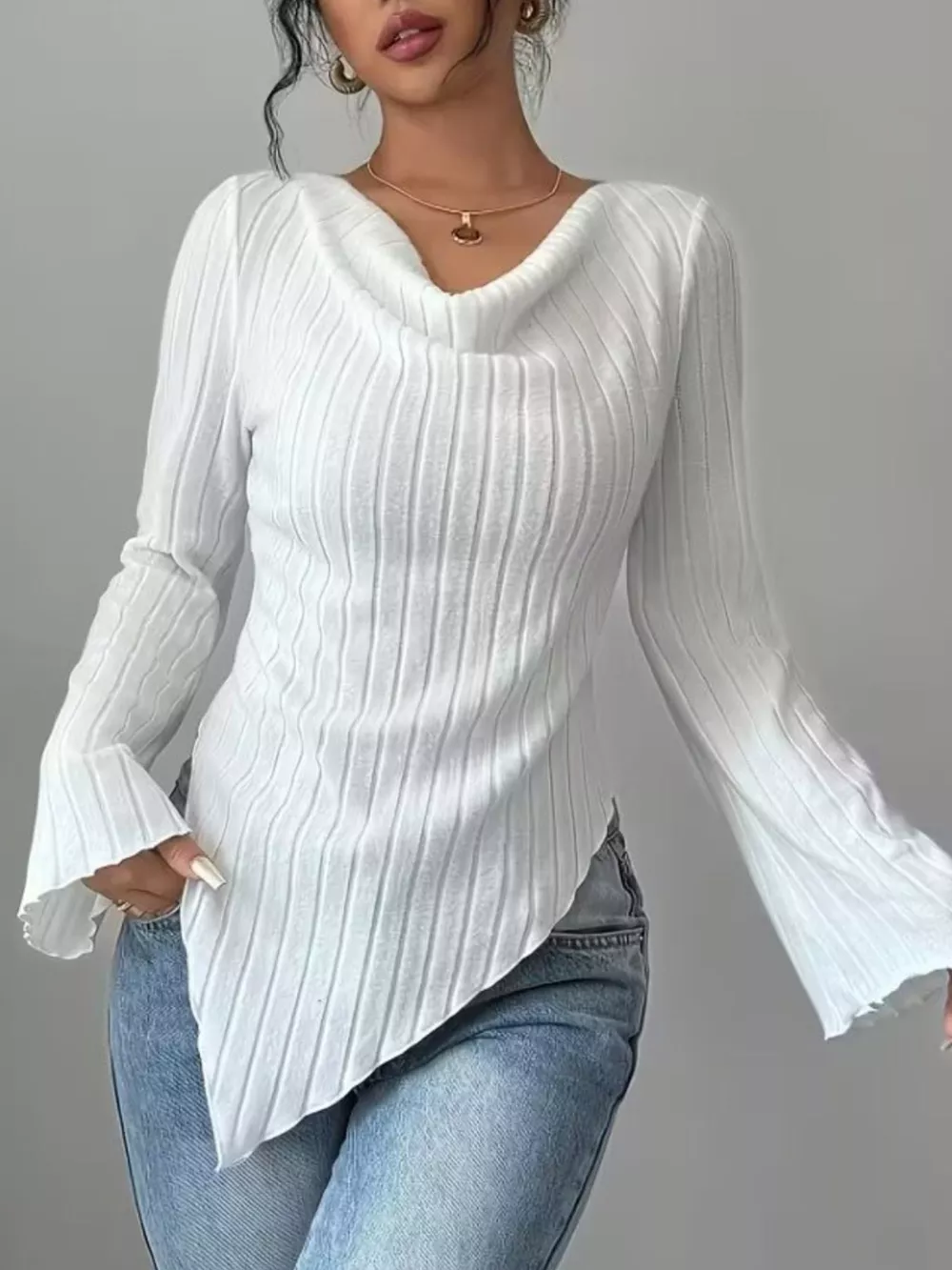 Cowl Neck Ribbed Knit Top, image 13