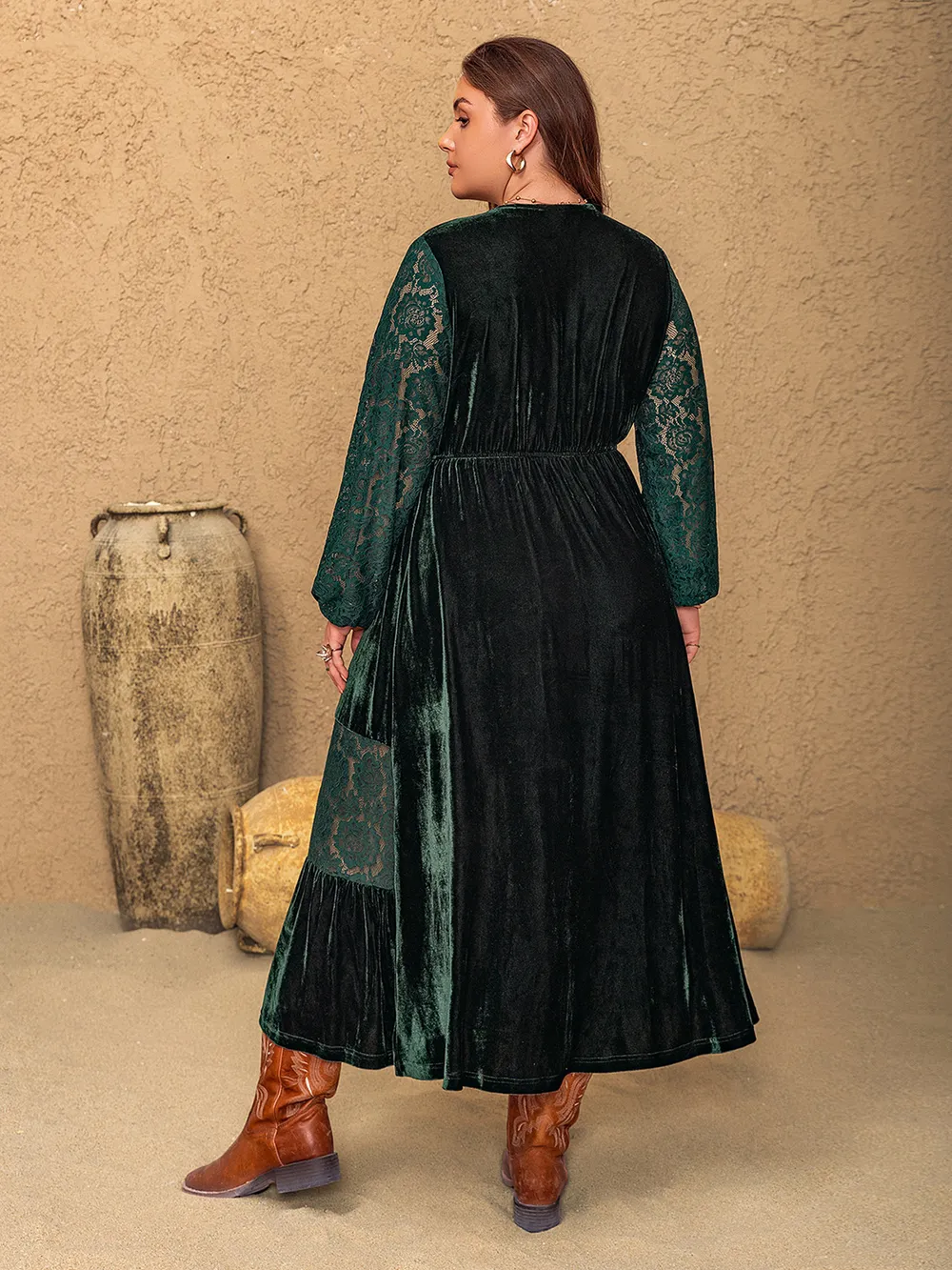 Plus Size Lace Patchwork V-Neck Balloon Sleeve Midi Dress, image 4