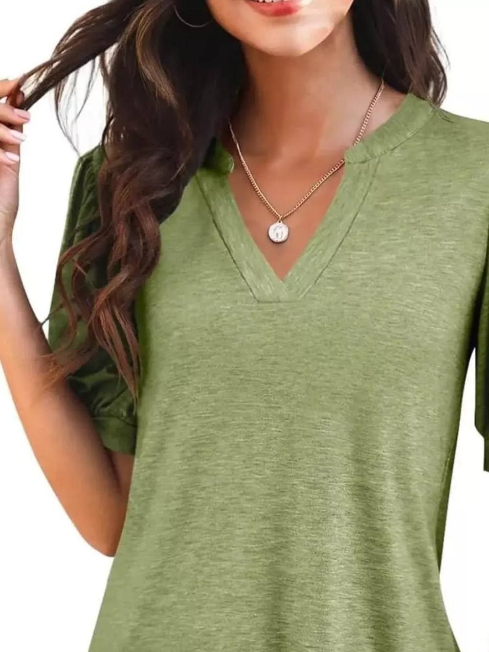 Puff Sleeve Notched Casual T-Shirt, image 6