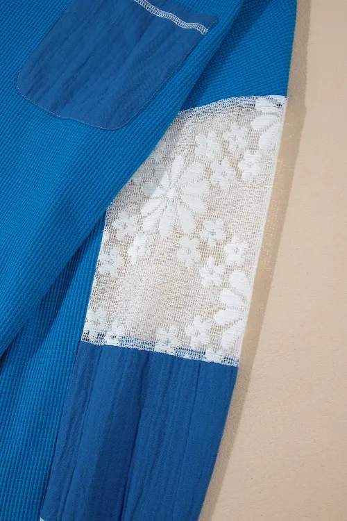Lace Patchwork Sleeve Stitching V Neck Top, image 4