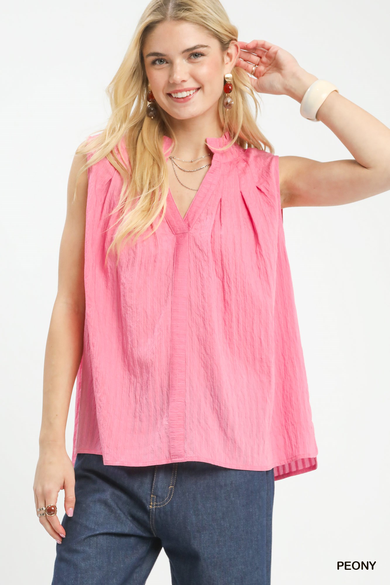 Sleeveless Textured Split Neck Top