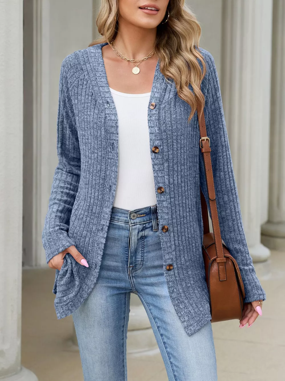 Ribbed Knit Hooded Button-Down Cardigan, image 23