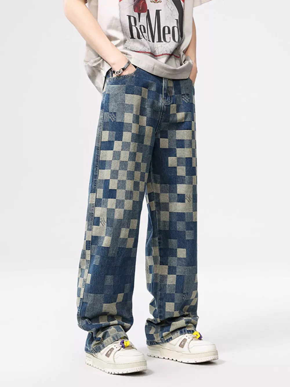Men's Checkered Wide Leg Jeans