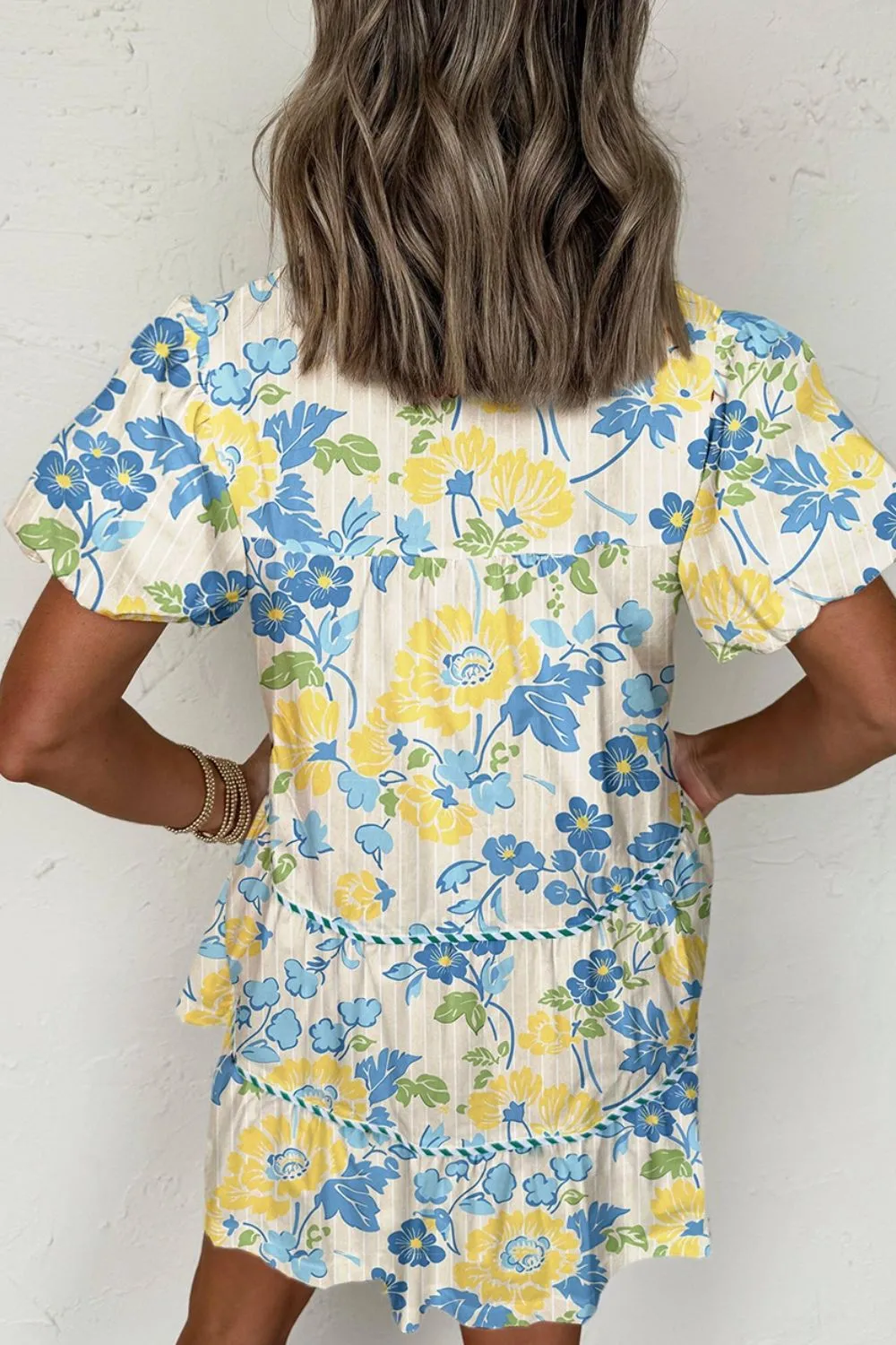 Floral Striped Trim Puff Short Sleeve Dress, image 5