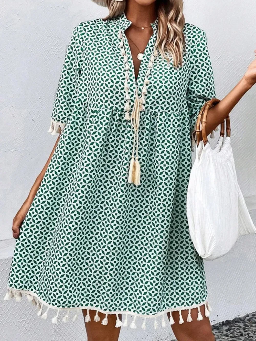 Tassel Printed Notched Half Sleeve Mini Dress, image 3