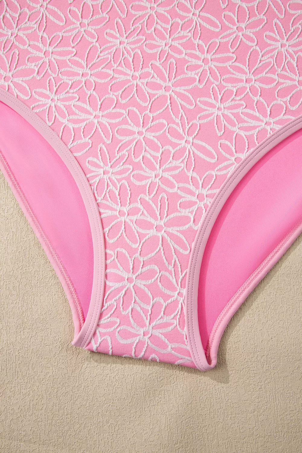 Corded Flower Texture Spaghetti Straps Halter Neck One Piece Swimsuit, image 17