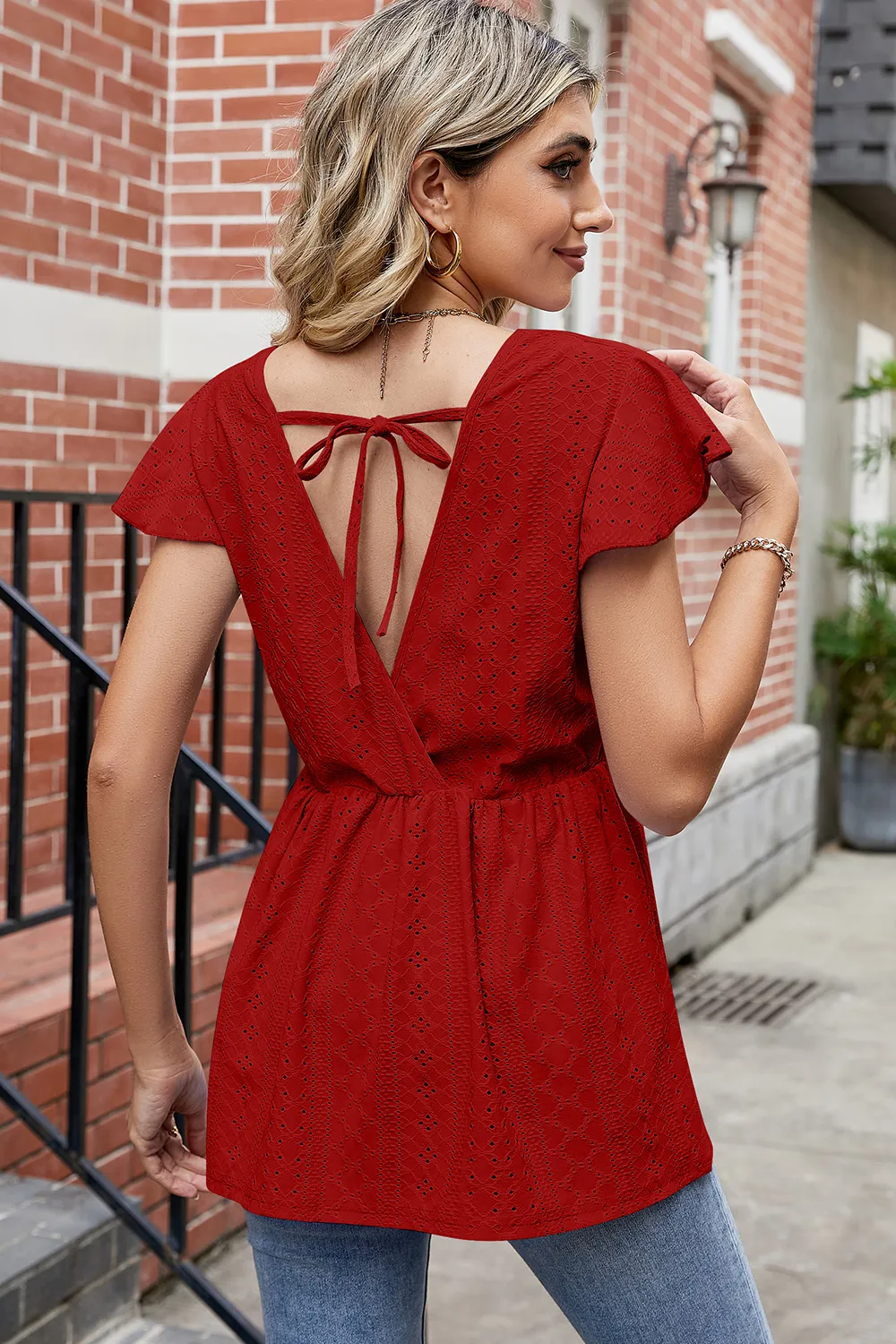 Tied Ruffled Round Neck Peplum T-Shirt, image 3