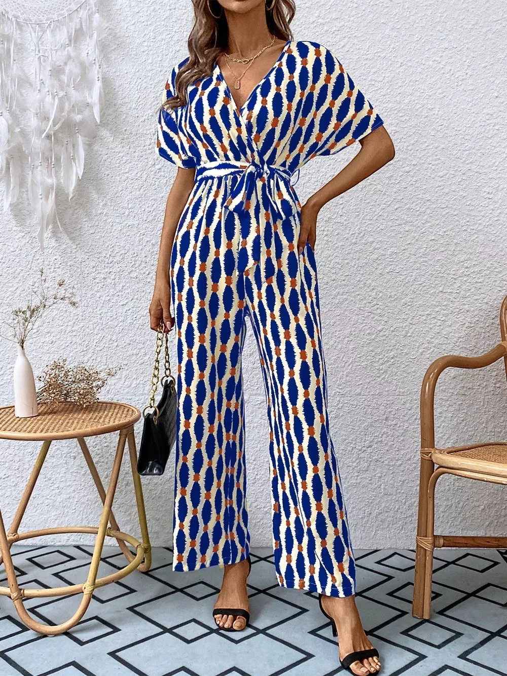 Printed Surplice Tie Waist Short Sleeve Jumpsuit, image 8