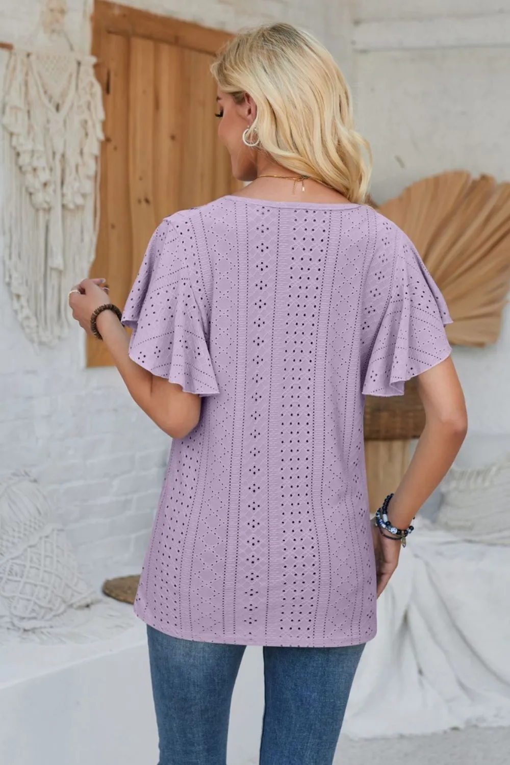 Eyelet Applique V-Neck Cap Sleeve T-Shirt, image 32