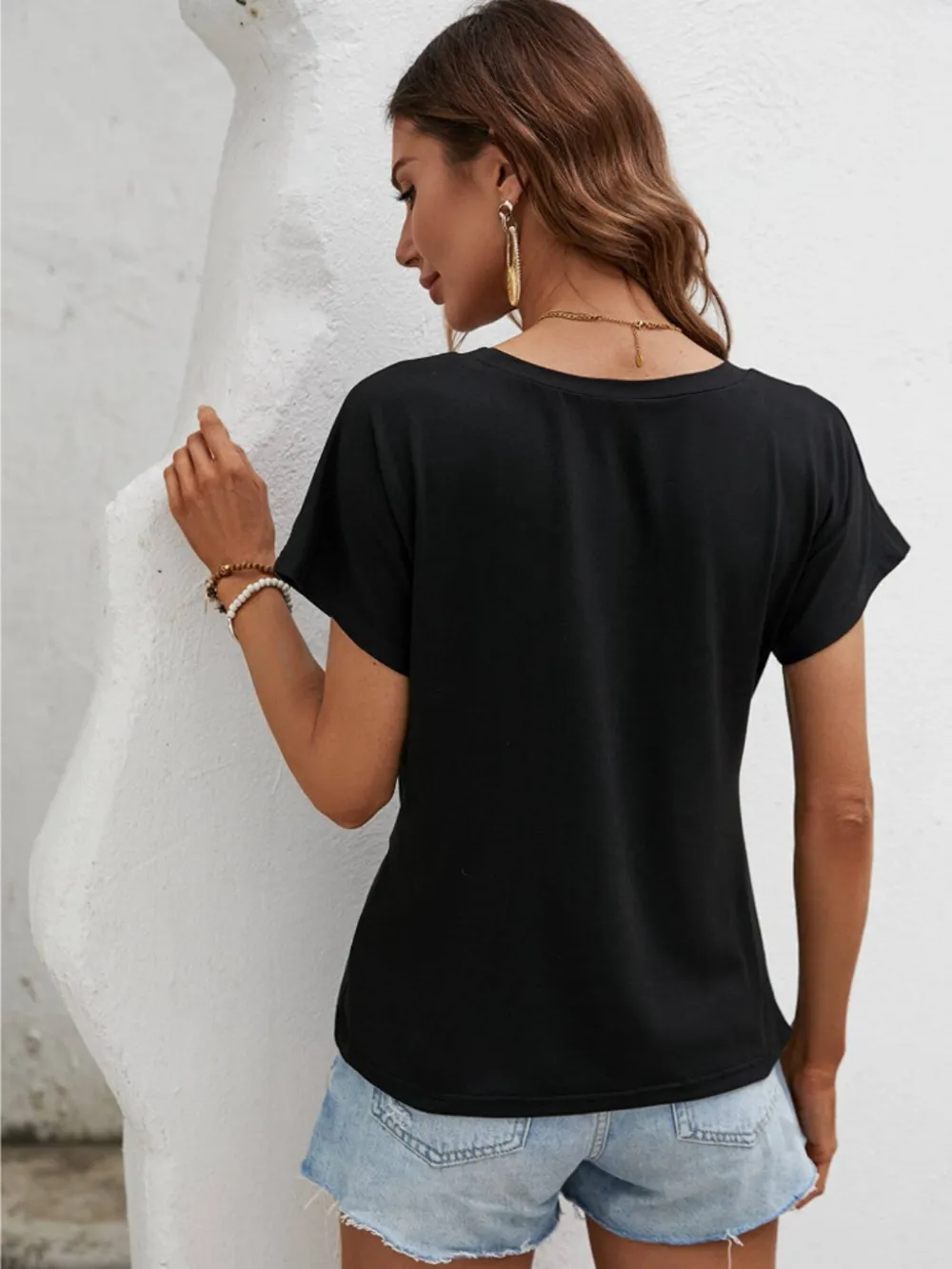 Asymmetric Hem Round Neck T-Shirt, image 7