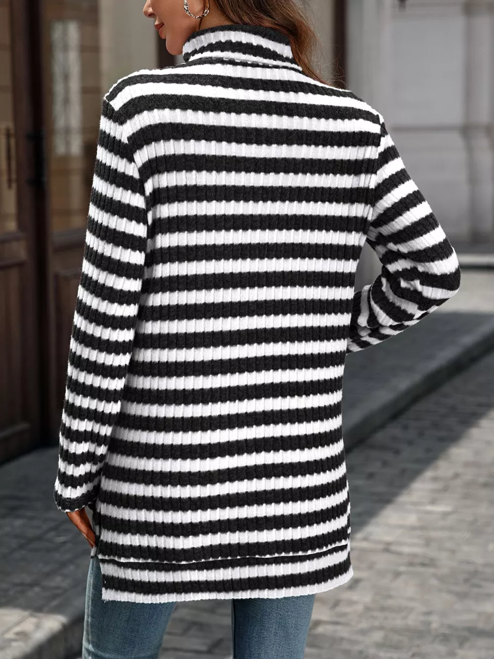 Striped Ribbed Knit Turtleneck Long Sleeve T-Shirt, image 6
