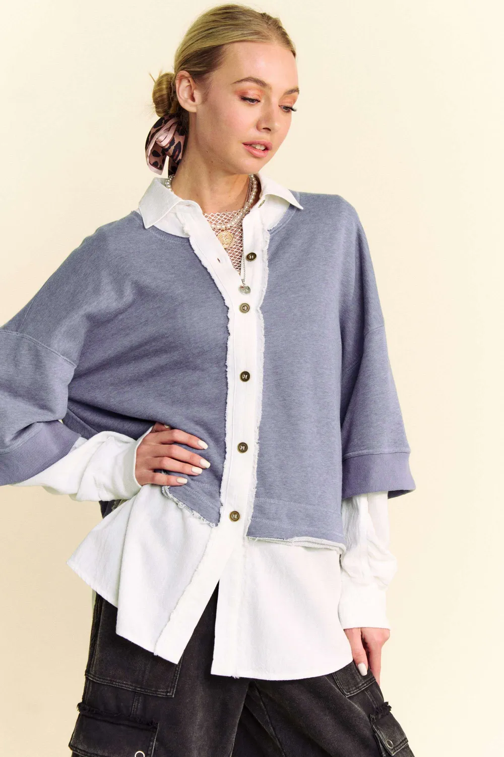 Faux Layered French Terry Contrast Top