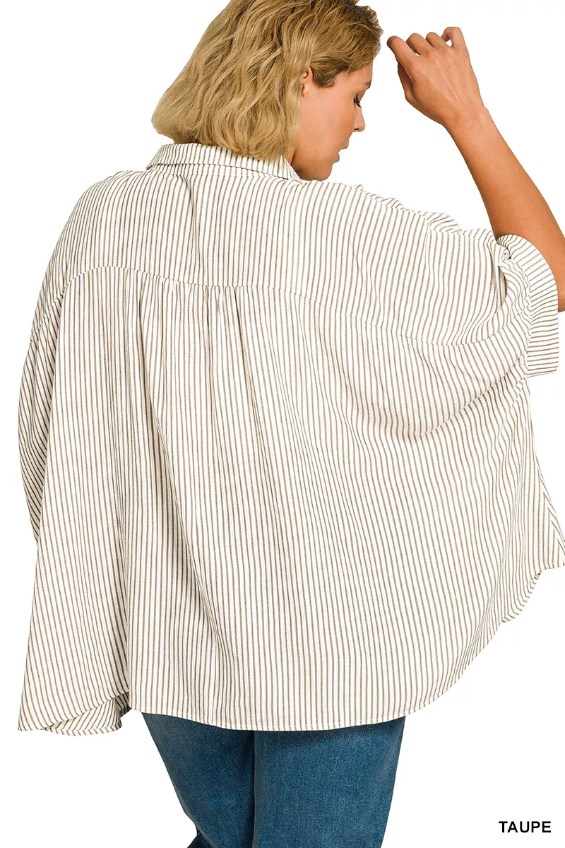 Full Size Woven Stripe Button Down Boxy Shirt Plus Size, image 2