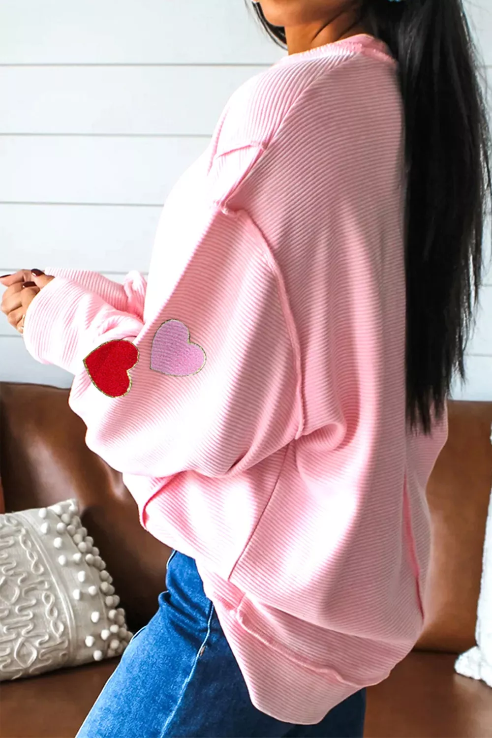 Ribbed Texture Chenille Heart Glitter Trim Patched Long Sleeve Top, image 3