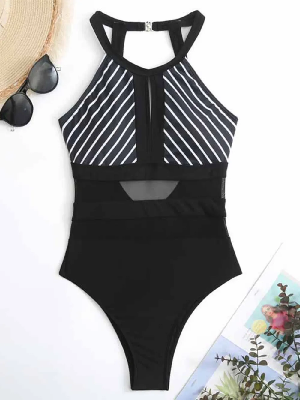Mesh Detail Backless Striped One-Piece Swimsuit, image 3