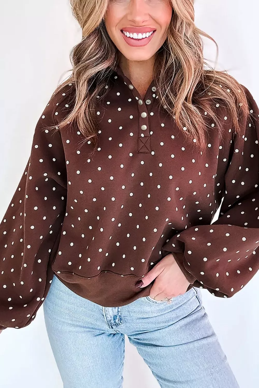 Polka Dot Print Metal Button Collar Casual Pullover Sweatshirt, image 4