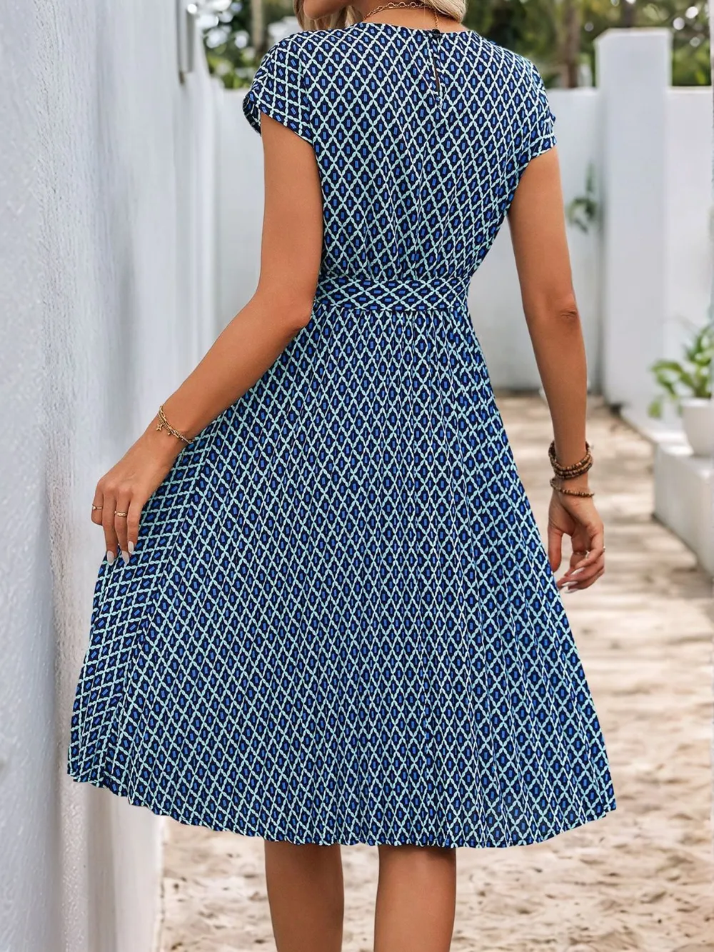 Printed Round Neck Short Sleeve Midi Dress, image 2