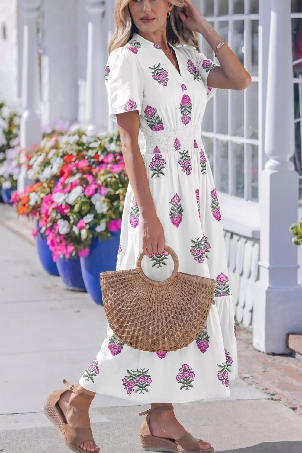 Floral Print Split Neck Shirred High Waist Ruffle Hem Midi Dress, image 4