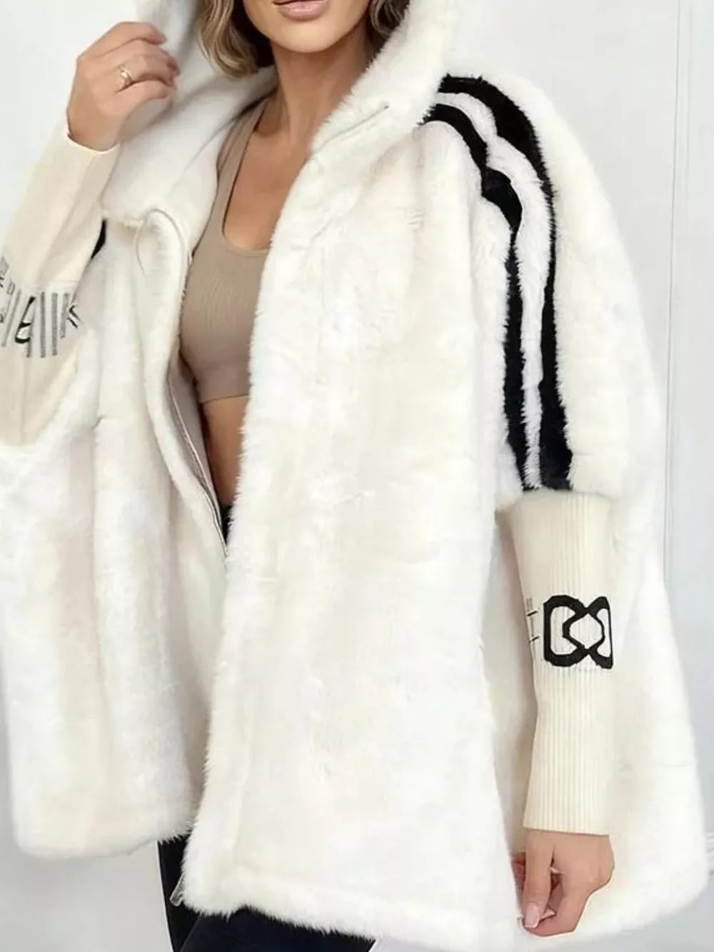 Hooded Faux Fur Striped Trim Outerwear, image 6