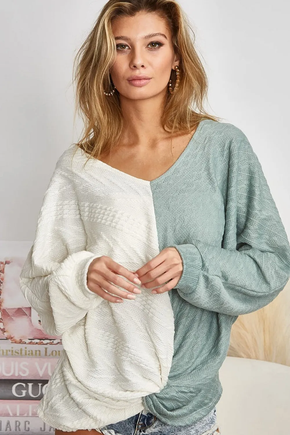 Twist Front Contrast Cable Knit Top, image 6