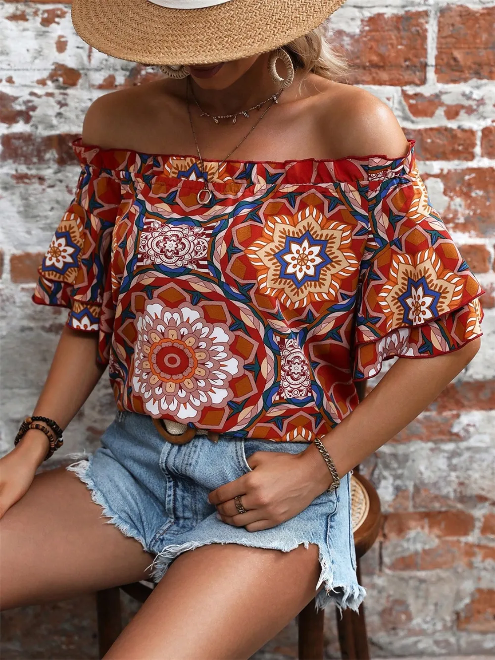 Printed Off-Shoulder Half Sleeve Blouse, image 5