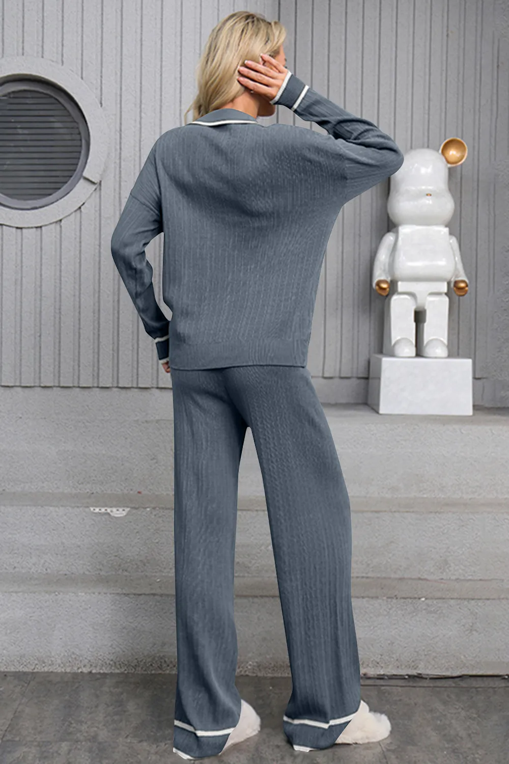 Contrast Trim Johnny Collar Top and Drawstring Pants Sweater Set, image 3