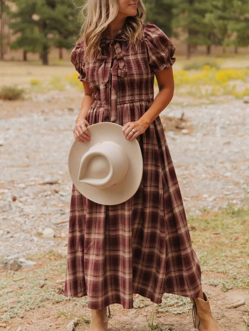 Plaid Knot Front Smocked High Waist Midi Dress