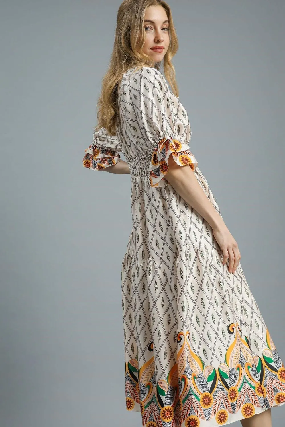 Printed Smocked Waist Flounce Sleeve Midi Dress, image 3