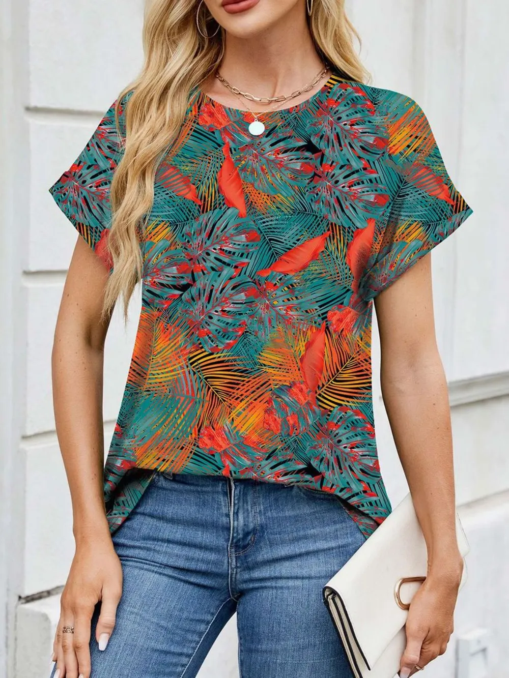Printed Round Neck Short Sleeve Top, image 12