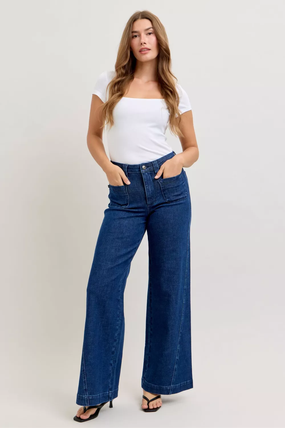 High-Waisted Retro Wide Jeans with Patch Pkts & Twisted Seams, image 4