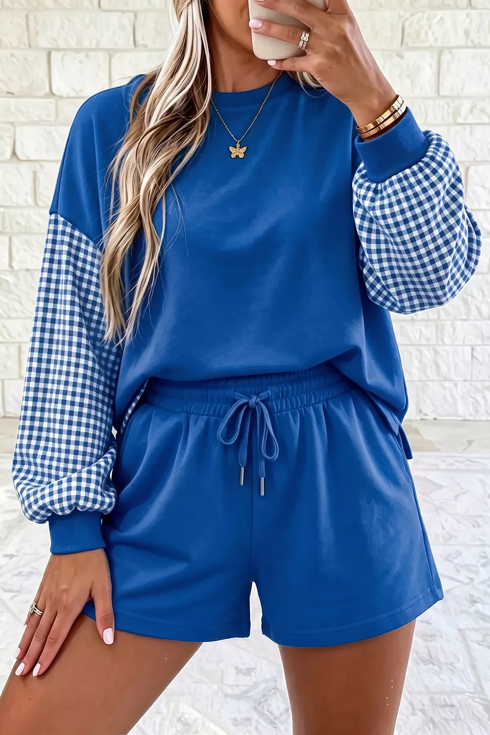 Gingham Patchwork Long Sleeve Sweatshirt and Shorts Set, image 4