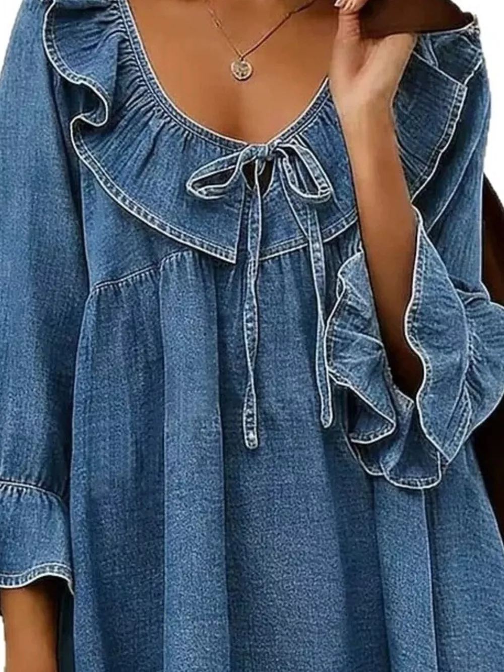 Full Size Ruffled V-Neck Denim Top with Tie-Front Detail Plus Size, image 3