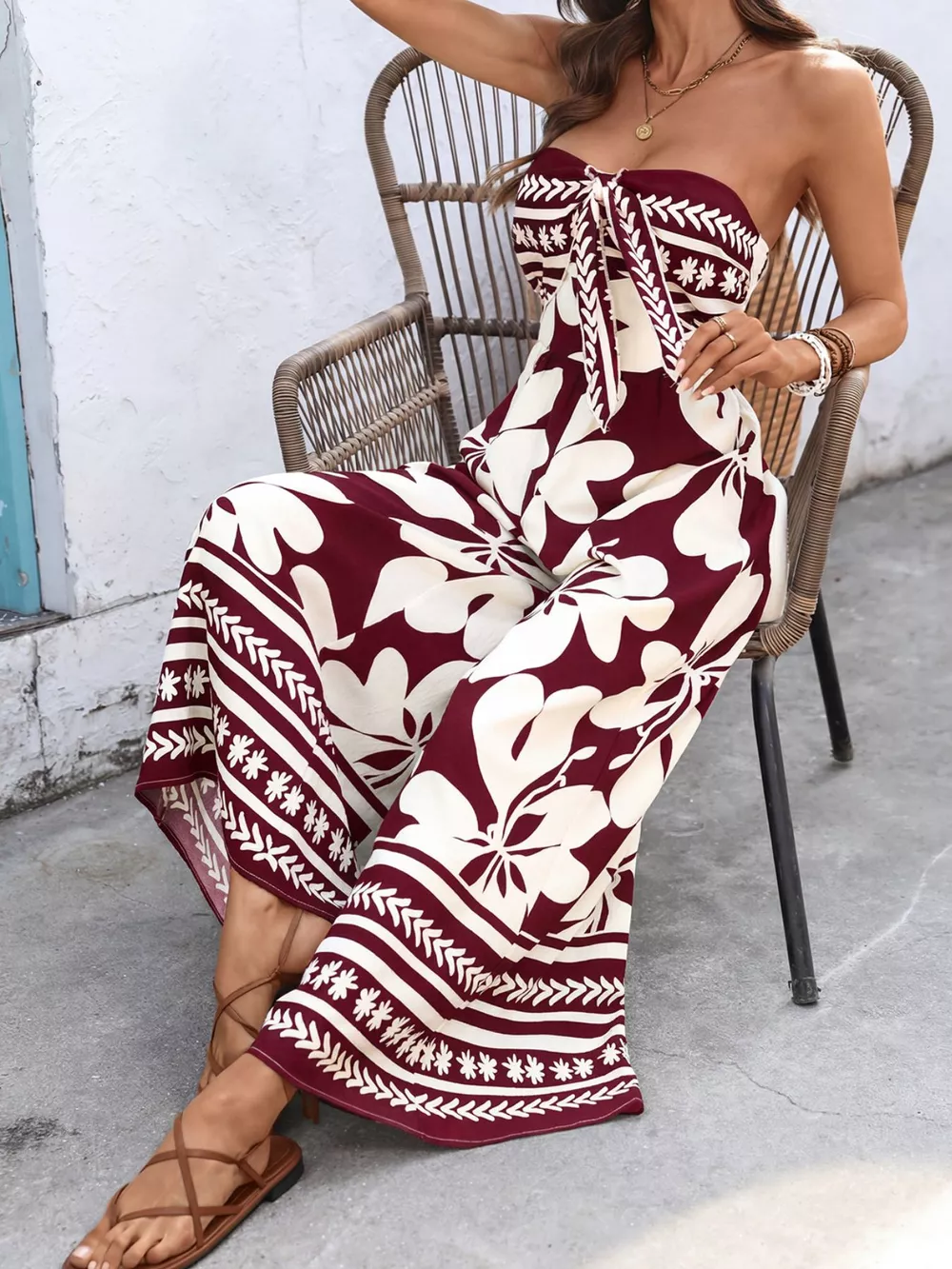 Floral Print Tie Front Strapless Wide Leg Jumpsuit, image 10