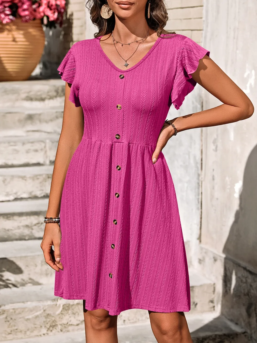 V-Neck Ruffled Cap Sleeve Dress, image 7