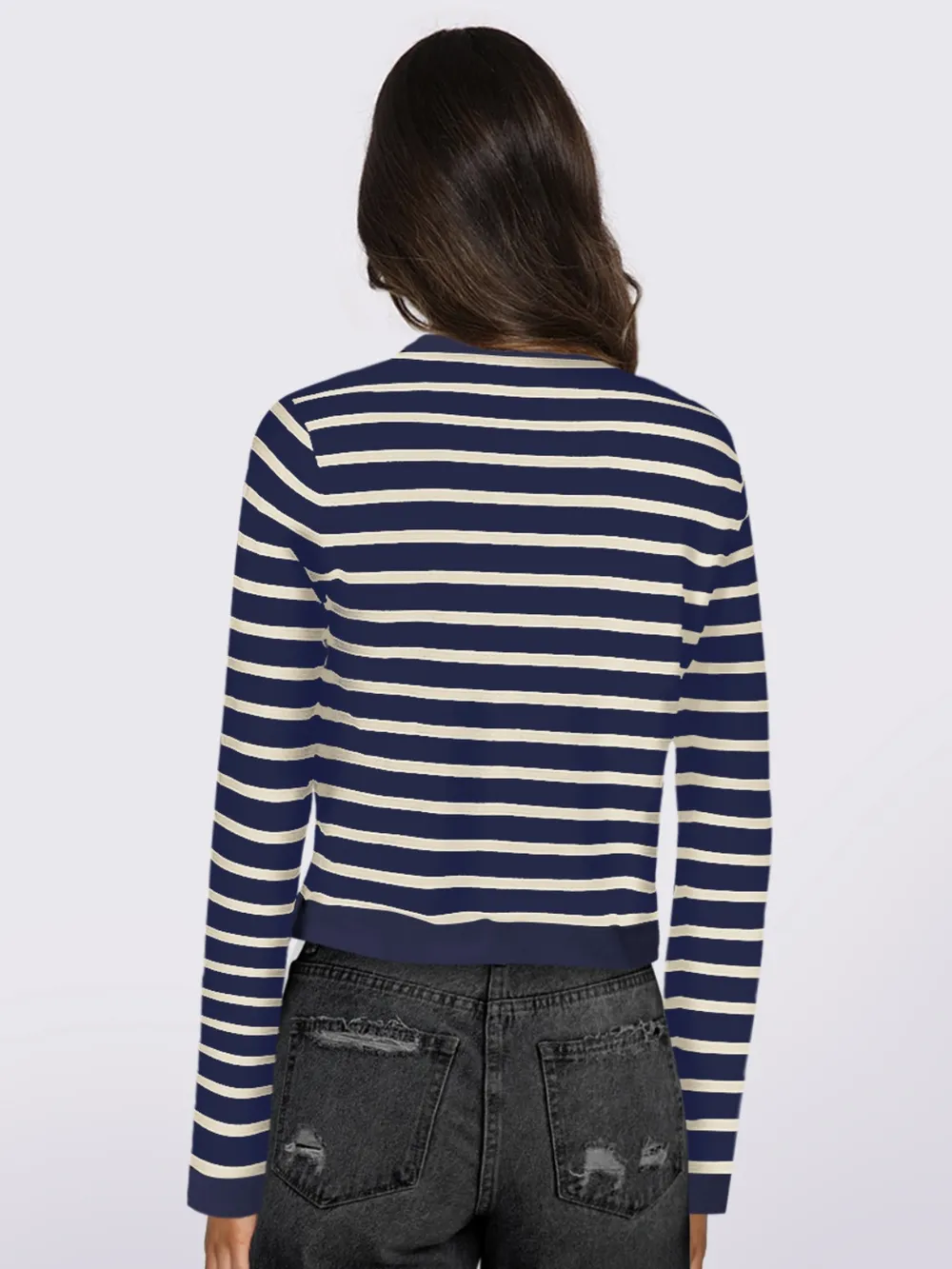 Striped Round Neck Button Up Long Sleeve Cardigan, image 9