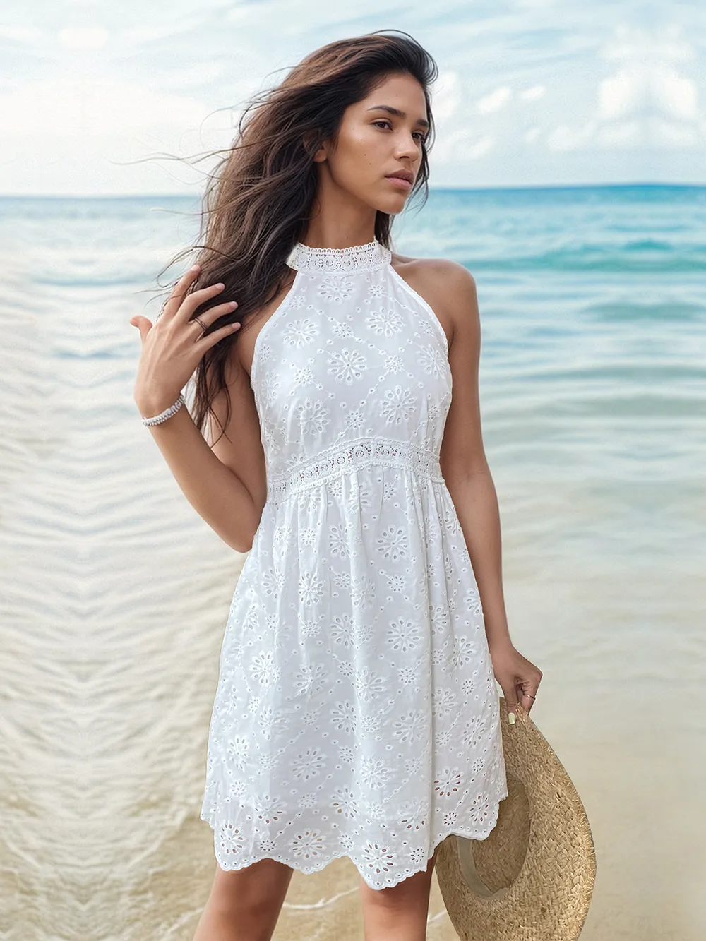 Eyelet Grecian Neck Mini Dress, image 2