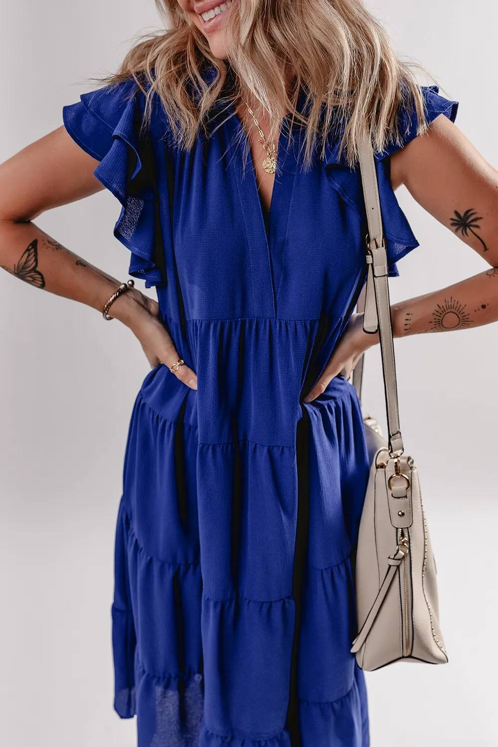 Ruffled Short Sleeve Collared V Neck Tiered Midi Dress, image 3