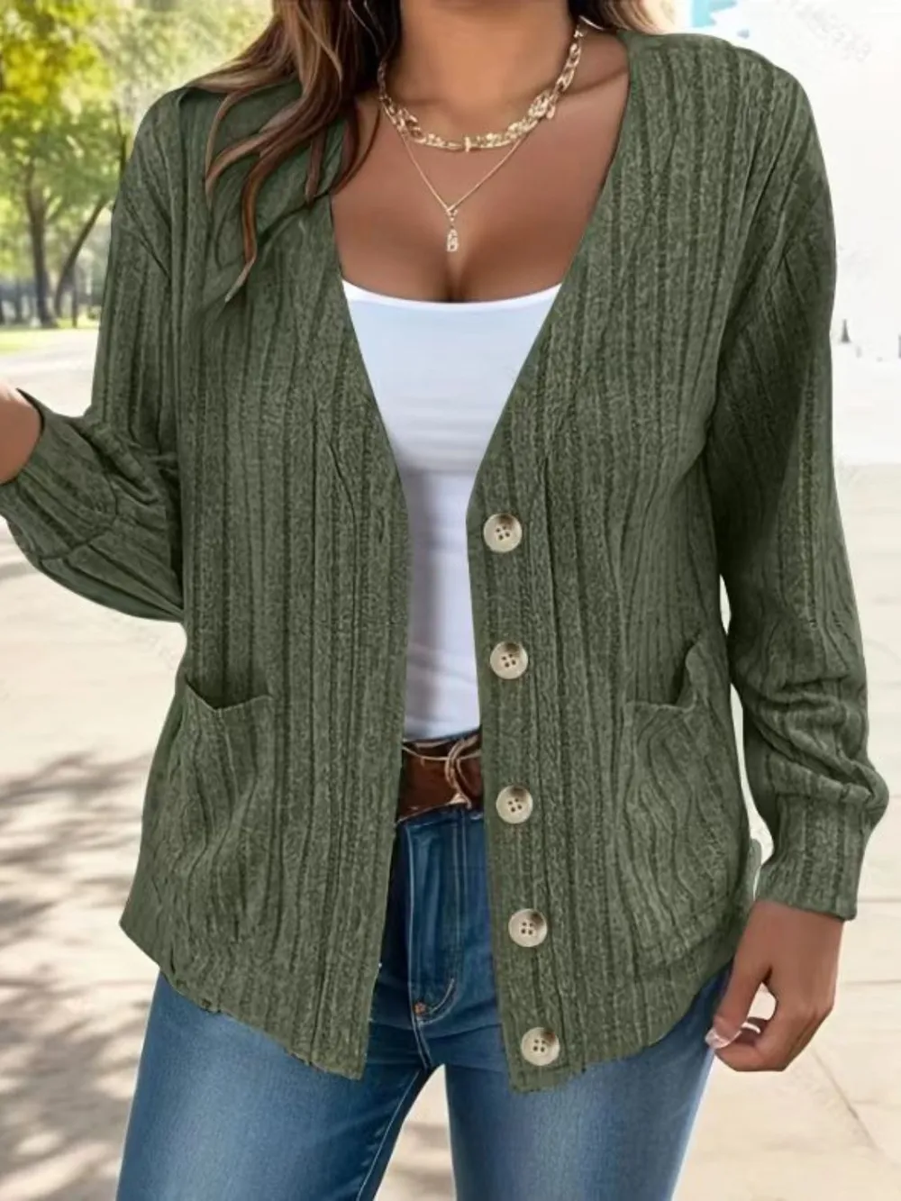 Full Size Button Up V-Neck Long Sleeve Cardigan, image 3