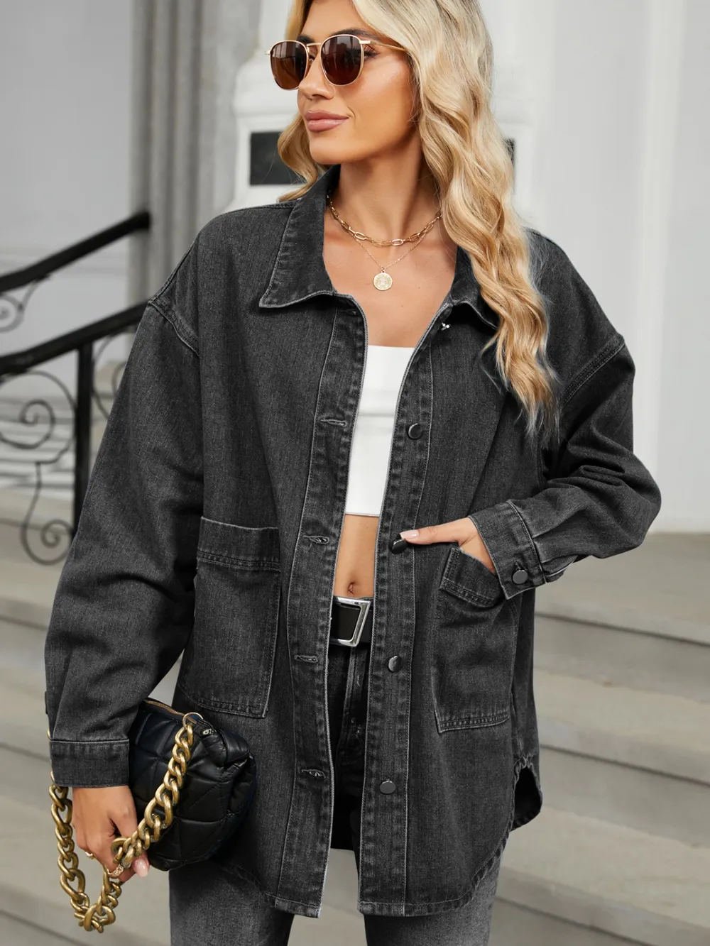 Removable Hood Button Up Long Sleeve Denim Jacket, image 2