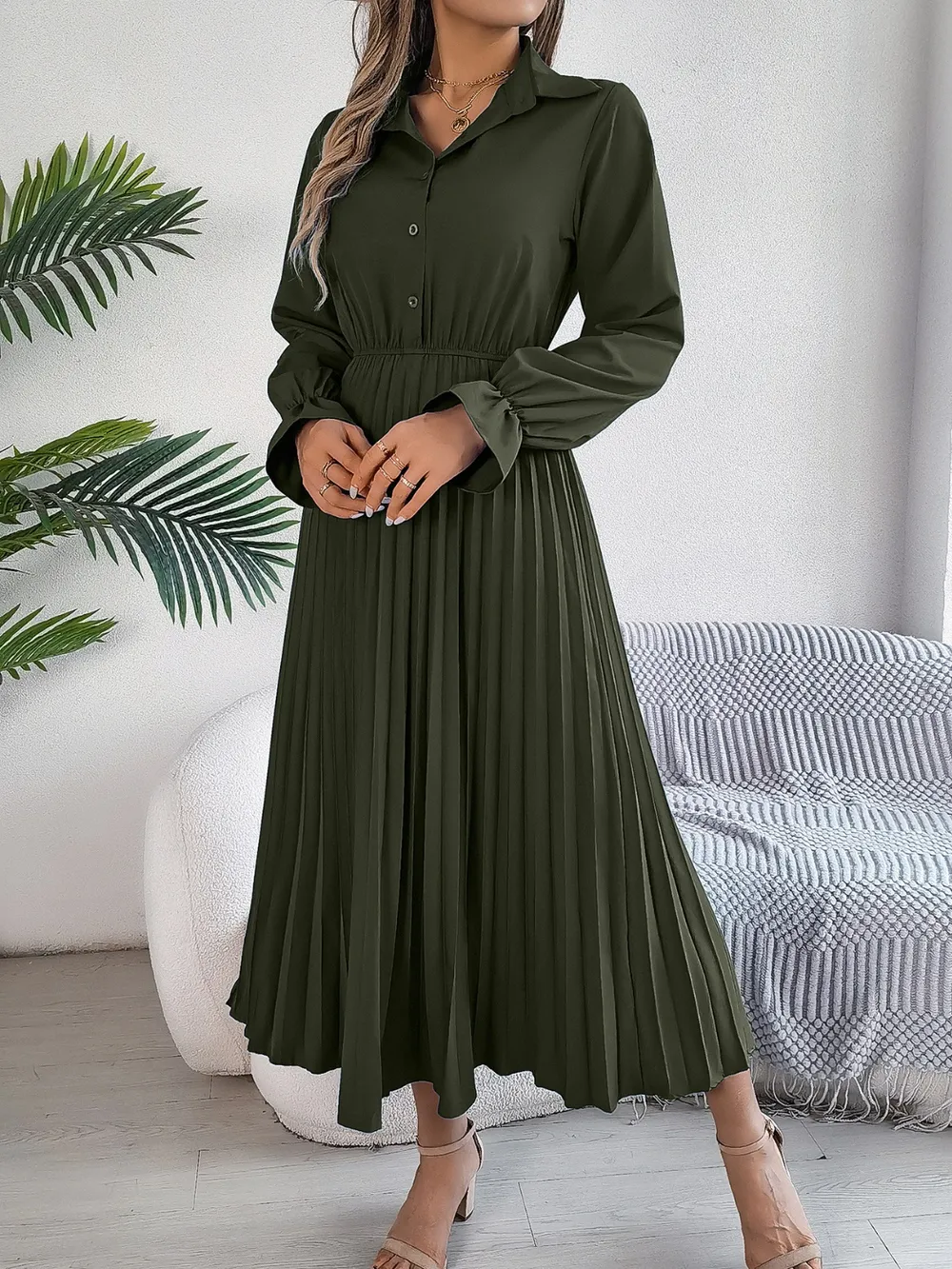 Pleated Half Button Long Sleeve Midi Dress, image 11